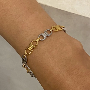 Bracelet chaîne bicolore en acier inoxydable doré et argenté avec maillons mors