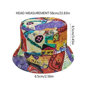 Detailed view of colorful graffiti fisherman hat with specific size measurements shown