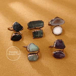 Adjustable bronze rings set with natural irregular amethyst and fluorite stones
