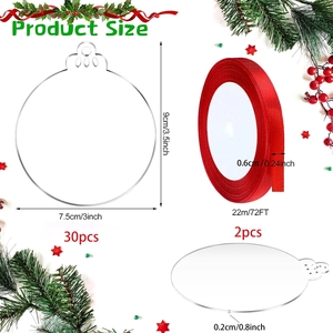 Set of 30 clear acrylic round Christmas ornaments with red ribbons and product size guide