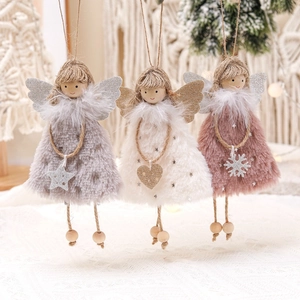 Ornements Suspendus Ange De Noël En Peluche Tissu Fait Main Perles En Bois Corde De Jute Figurines Décoration
