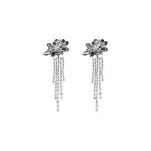 Elegant silver flower earrings with crystal tassels and sparkling diamond accents
