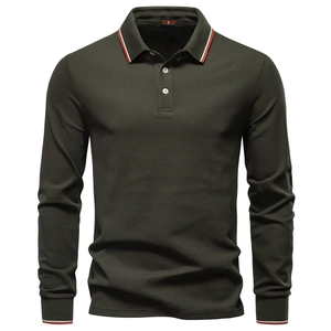 Detail of olive green cotton polo shirt showing the striped collar and button placket