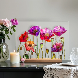 Artistic acrylic flower plaque on wooden base with vibrant red poppy stained-glass style