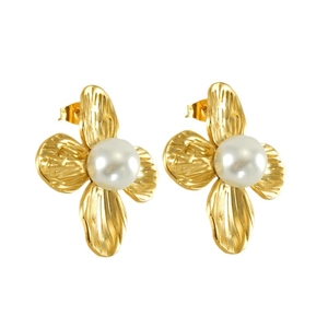 French vintage style golden flower petal earrings with white pearl center for women