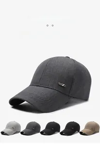 Detail of premium baseball cap fabric with metal logo and multi-color selection options