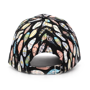 Rear view of black baseball cap with feather print and adjustable silver metal buckle strap