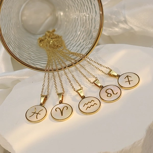 Collier Pendentif Signes Du Zodiaque En Acier Inoxydable Plaqué Or 18K Pour Femmes Médaille Ronde En Nacre Bijoux