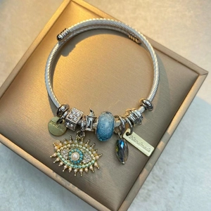Evil Eye Charm Bangle Bracelet Vintage Stainless Steel Wire Twisted Cable With Rhinestone Artificial Pearl Blue Beads For Women