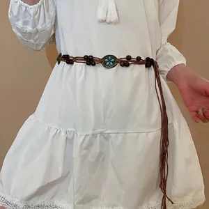 Bohemian Handmade Woven Hemp Rope Waist Chain Belt With Wood Beads And Turquoise Style Metal Buckle Ethnic Fringe Tassel