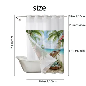 Detailed size guide for waffle weave shower curtain with metal rings and beach print