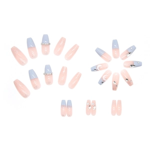 Blue and pink gradient press-on nails with silver glitter and celestial rhinestones