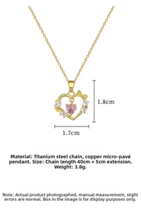 Detailed view of pink heart crystal necklace with titanium steel chain and dimensions
