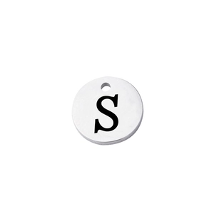 Detailed view of a silver mirror-polished stainless steel round pendant with letter S engraving