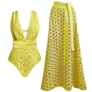 Yellow laser-cut cut-out one-piece swimsuit set with matching hollow long skirt