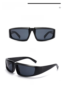 Detailed front and side view of black punk Y2K rectangular sunglasses for women
