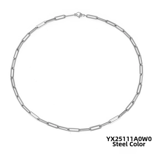 Detailed close-up of polished stainless steel paperclip chain necklace with lobster clasp