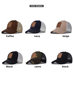 Close-up of trucker hats in six colors with wild nature deer leather patches