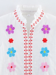 French style white long sleeve shirt with colorful floral embroidery and buttons