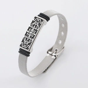 Vintage stainless steel mesh watch band bracelet with black floral pattern charm