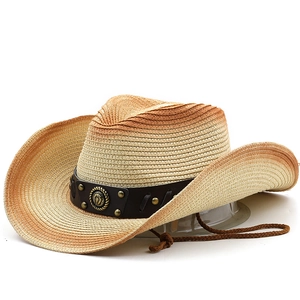 Gradient western straw cowboy hat with rivet leather band and woven windproof chin strap
