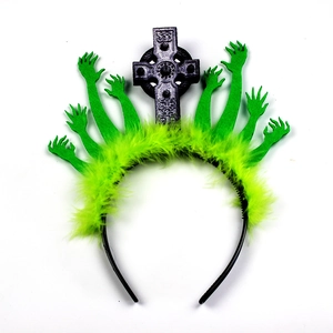 Serre-tête Halloween avec mains de zombie, croix gothique et plumes vert fluo