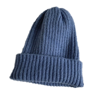 Blue ribbed knit beanie for women featuring a warm double-layered folded cuff design
