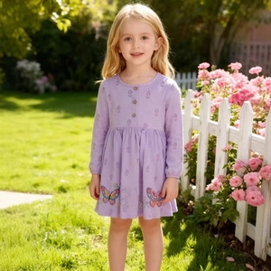 Girls Long Sleeve Cotton Dress Lavender Floral Print Butterfly Embroidery Button Neck Princess Style