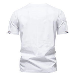 Rear view of white cotton T-shirt featuring striped cuffs and seamless back stitch detail