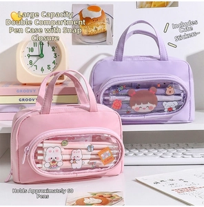 Detailed view of dual-compartment high capacity pencil case with transparent window