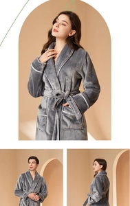 Close-up of grey coral fleece bathrobe with white trim and waist tie for couples