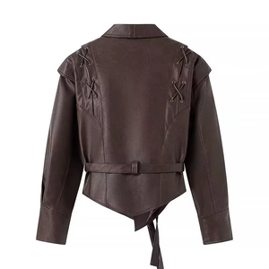 Dark brown PU leather jacket with lace-up back detail and asymmetrical hem in a back view