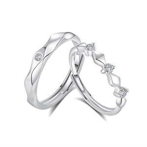 Minimalist S925 sterling silver couple rings with wavy design and cubic zirconia stones