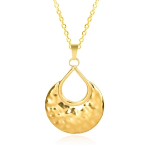 Macro shot of 18k gold plated hammered round pendant with teardrop cutout on white background