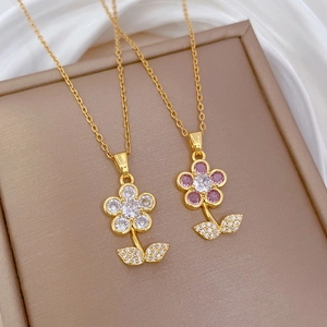 Flower Pendant Necklace Stainless Steel And Copper Zircon Leaf Elegant Jewelry For Women