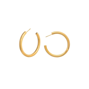 Close-up of minimalist 18K gold plated stainless steel C-shaped hoop earrings
