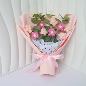 Handmade knitted puff flower bouquet with 9 pink blooms and eucalyptus for Mother's Day