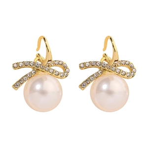 Elegant gold bow earrings with shimmering crystals and large round faux pearls