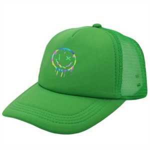 Green mesh trucker hat with a colorful gradient rainbow smile print on the front panel