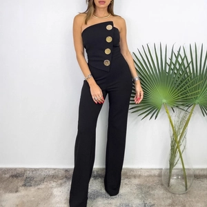Sexy black strapless jumpsuit for women with wide leg fit and decorative gold buttons