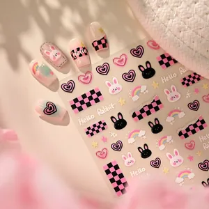 Cute Rabbit Heart Checkerboard Nail Art Stickers 3D Embossed Pink Black White Y2K Sweet Girl DIY Manicure Decoration Adhesive Nail Decals