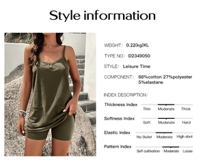 Tabella taglie dettagliata e info stile per set top e pantaloncini verde donna
