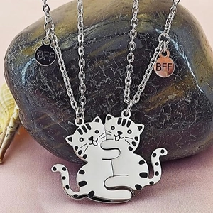 Matching silver BFF necklaces featuring two interlocking cats on a textured stone surface
