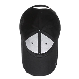 Black vintage distressed cotton baseball cap with interior lining and adjustable metal buckle