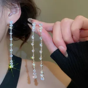 Zircon Tassel Drop Earrings Copper Long Linear Mermaid Tears With Silver Earring Post For Women Party Wedding Sparkly