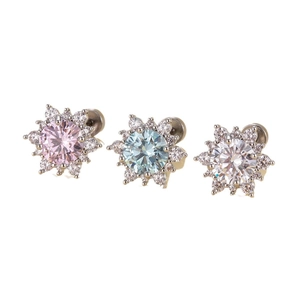 Three-piece snowflake ear studs with pink, blue, and clear zircon in silver titanium steel
