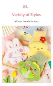 Close-up of cute plush animal hot water bottle covers with rabbit and chicken embroidery