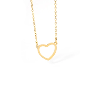 Detailed view of a gold-plated hollow heart pendant necklace with fine chain on white back