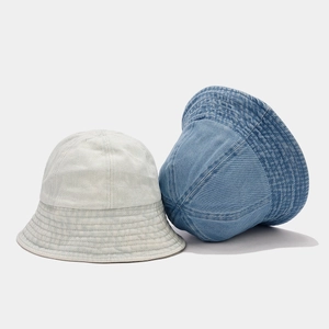 Classic denim bucket hats in light grey and dark blue with multi-row stitching on brim