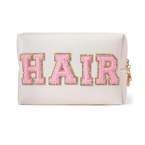 Beige PU leather makeup bag with pink chenille HAIR patches and gold glitter borders